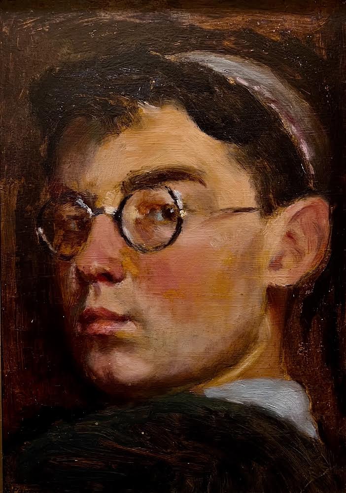 Alek Rapoport<br>
Self-portrait, 1950-55<br>
Oil on canvas, 19x15<br>
Collection of Inna and Ruvim Braude